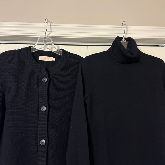 TORY BURCH Harley Sz XS S Navy Blue 100% Wool Turtleneck Long Sweater Coat Set - Picture 2 of 16